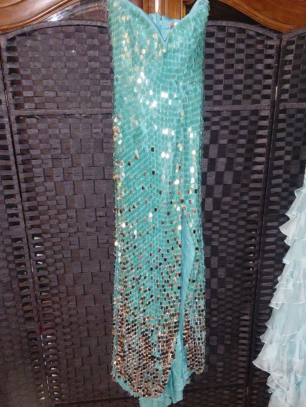 Sherri Hill Teal Sequin Strapless Maxi Gown with Gold Accents